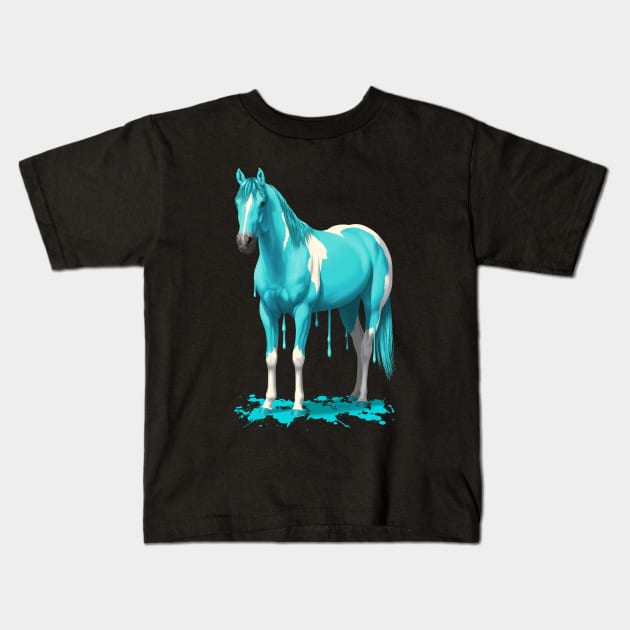 Bright Cyan Blue Pinto Dripping Wet Paint Horse Kids T-Shirt by csforest